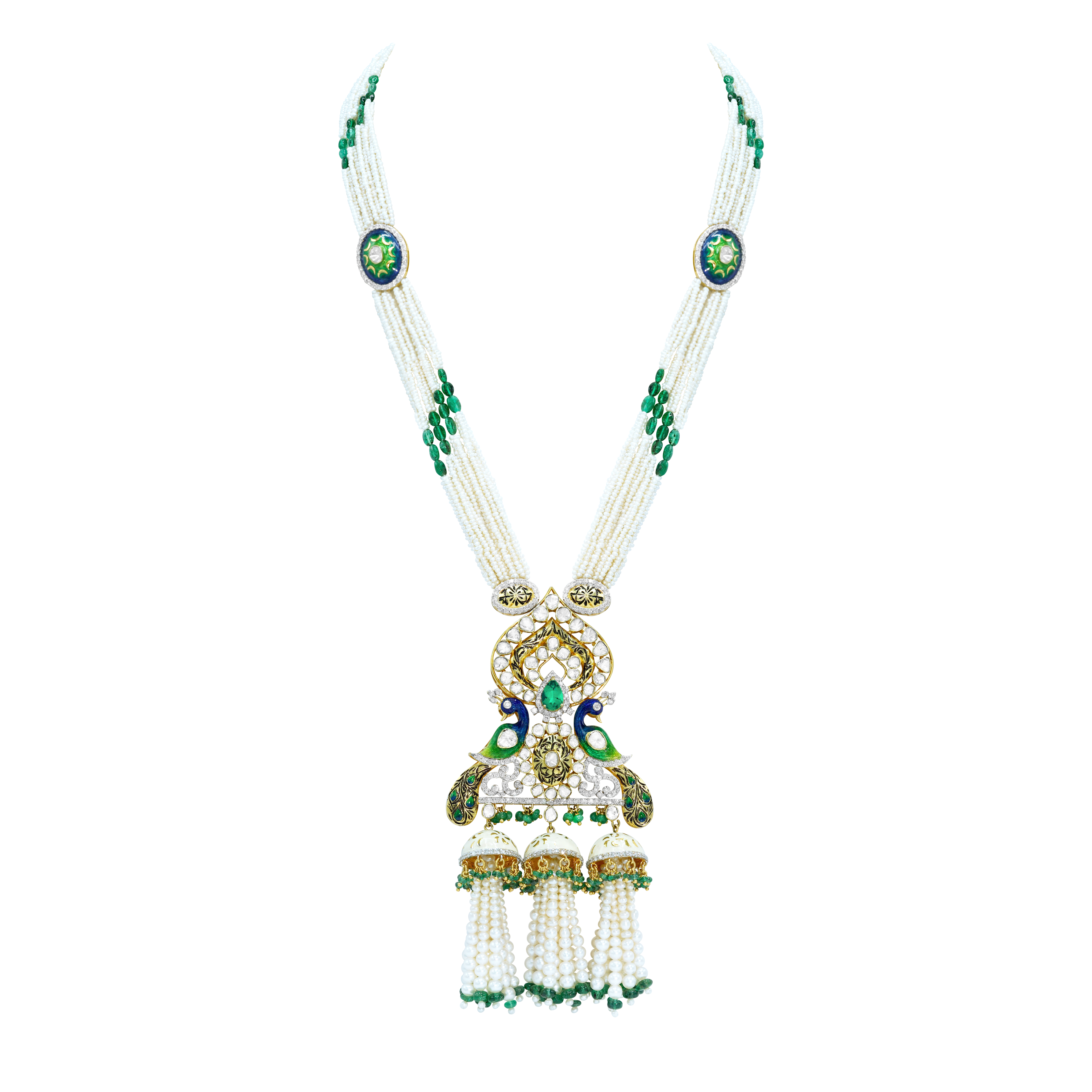 Pearl and Emerald Necklace Set with Polki and Peacock Motifs